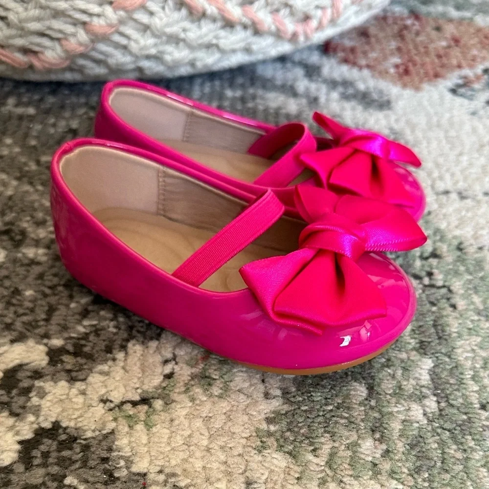 New Boutique Toddler Girl Dress Shoes Pink Bow Front Comfort Padding Size 6.5
